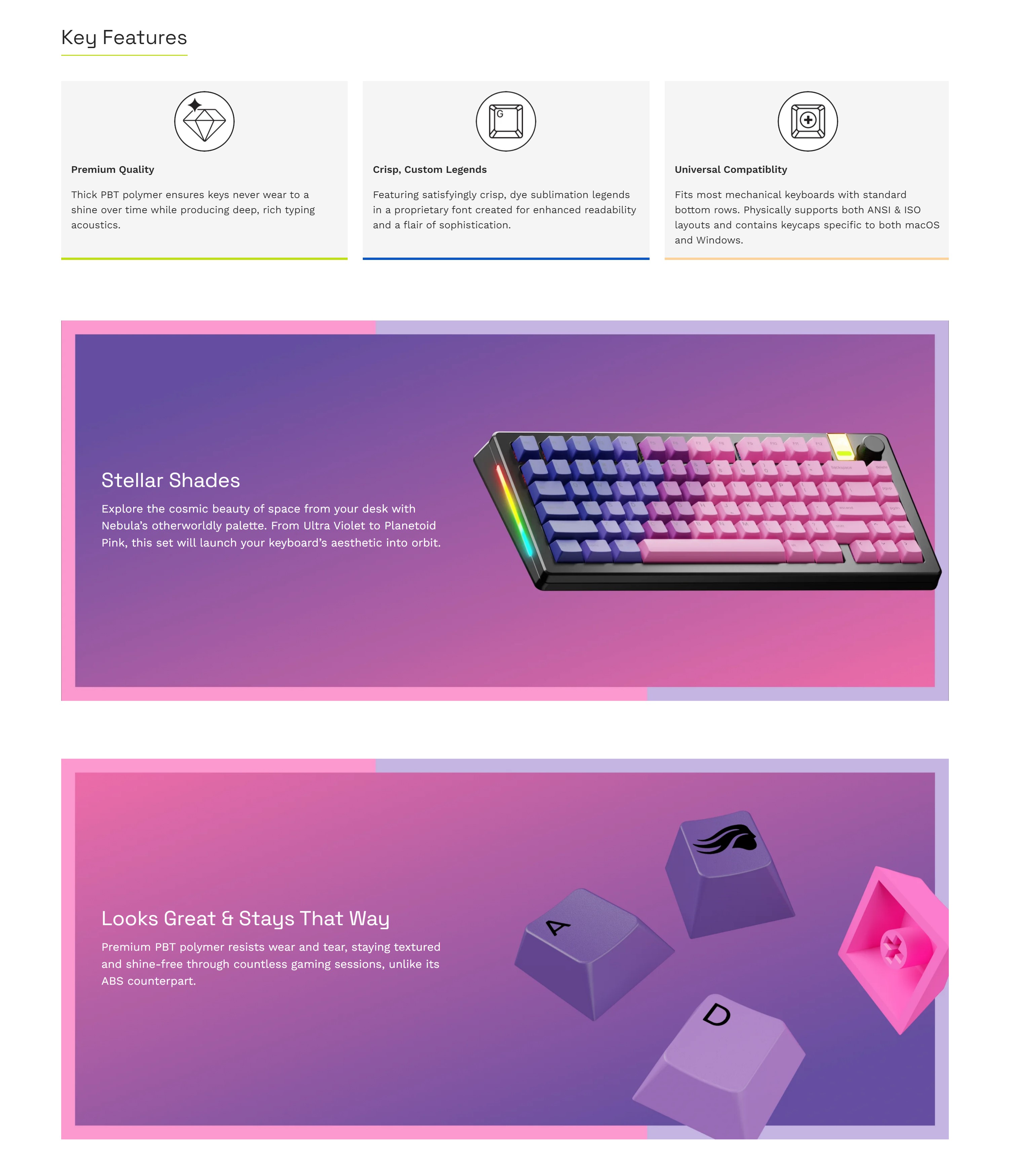 A large marketing image providing additional information about the product Glorious GPBT Gradient Keycaps - Nebula - Additional alt info not provided